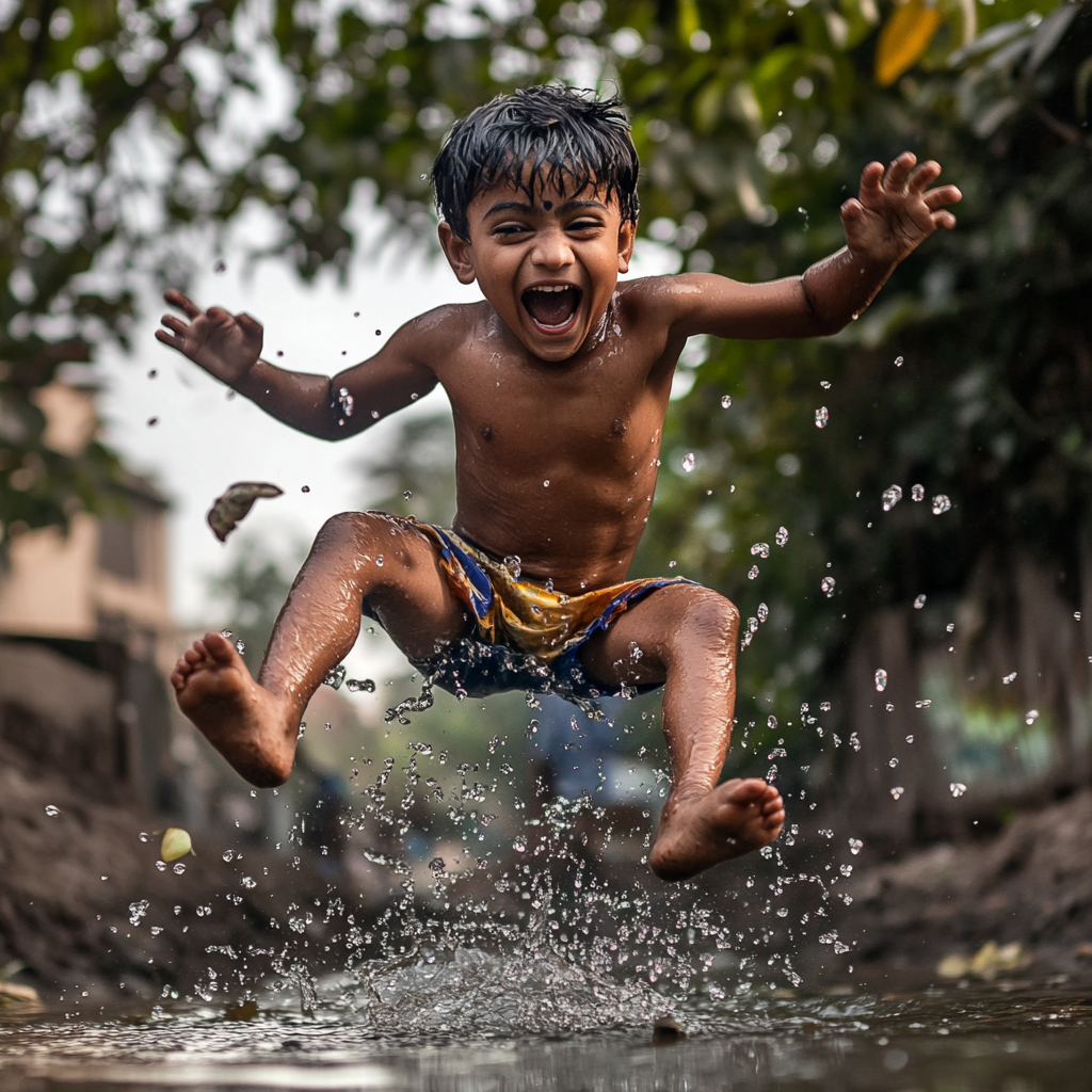 Indian village boy falls in pond, cinematic expression captured with Sony a7R4 camera