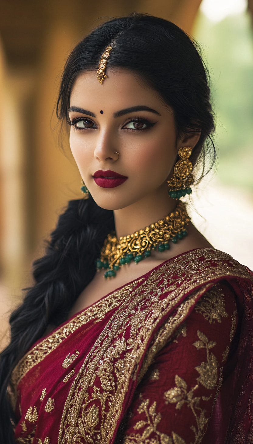 Indian woman in red silk saree with gold jewelry