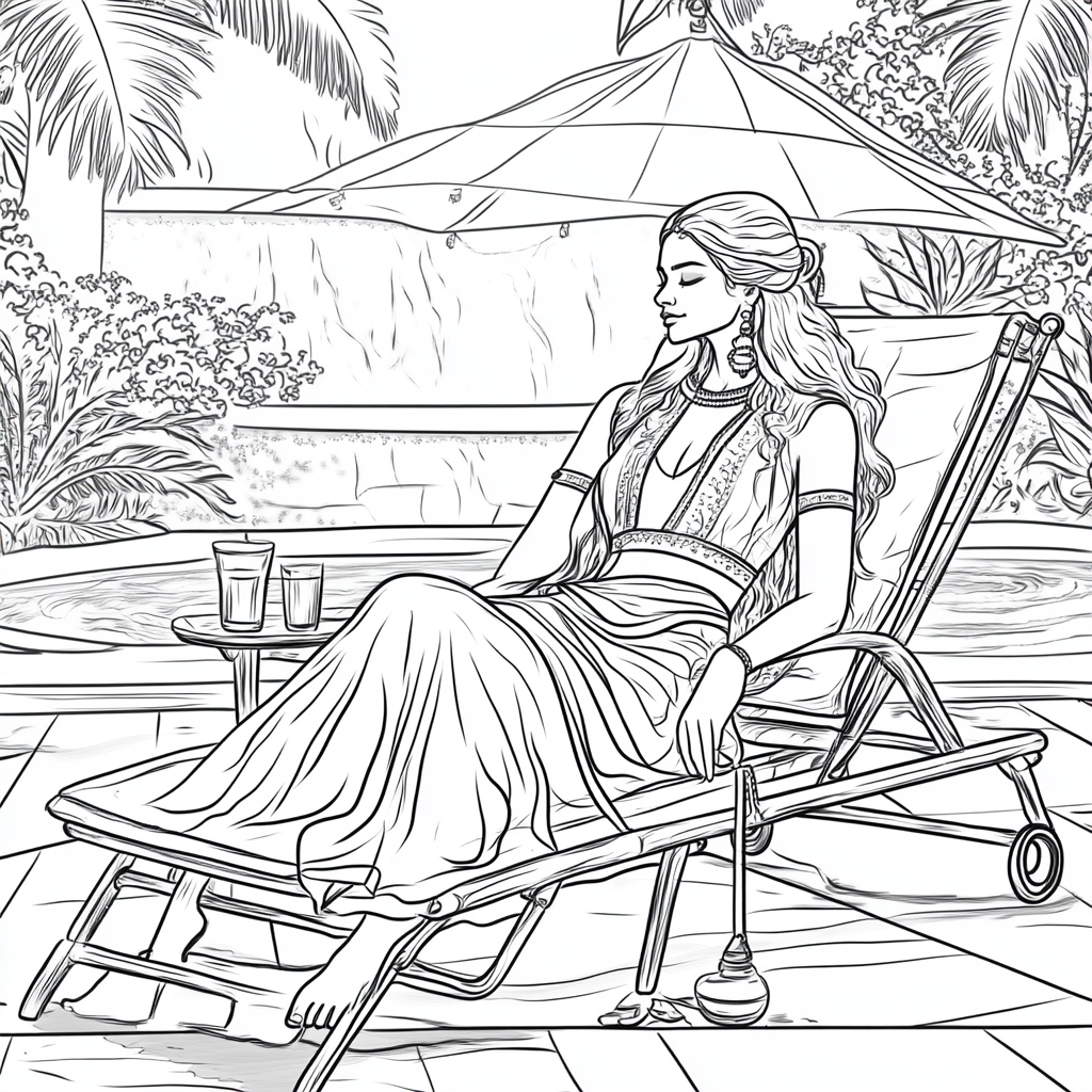 Indian woman relaxing on lounge chair by pool