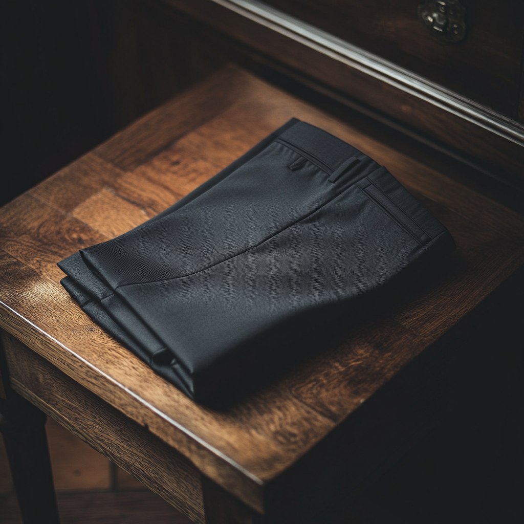 Indie photo of grey chino trousers on polished wood.