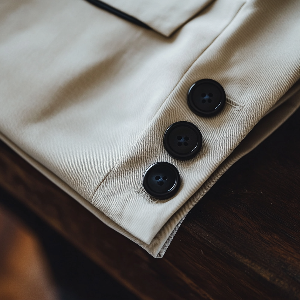 Indie photo: Slim creamy trousers, black buttons, soft light.