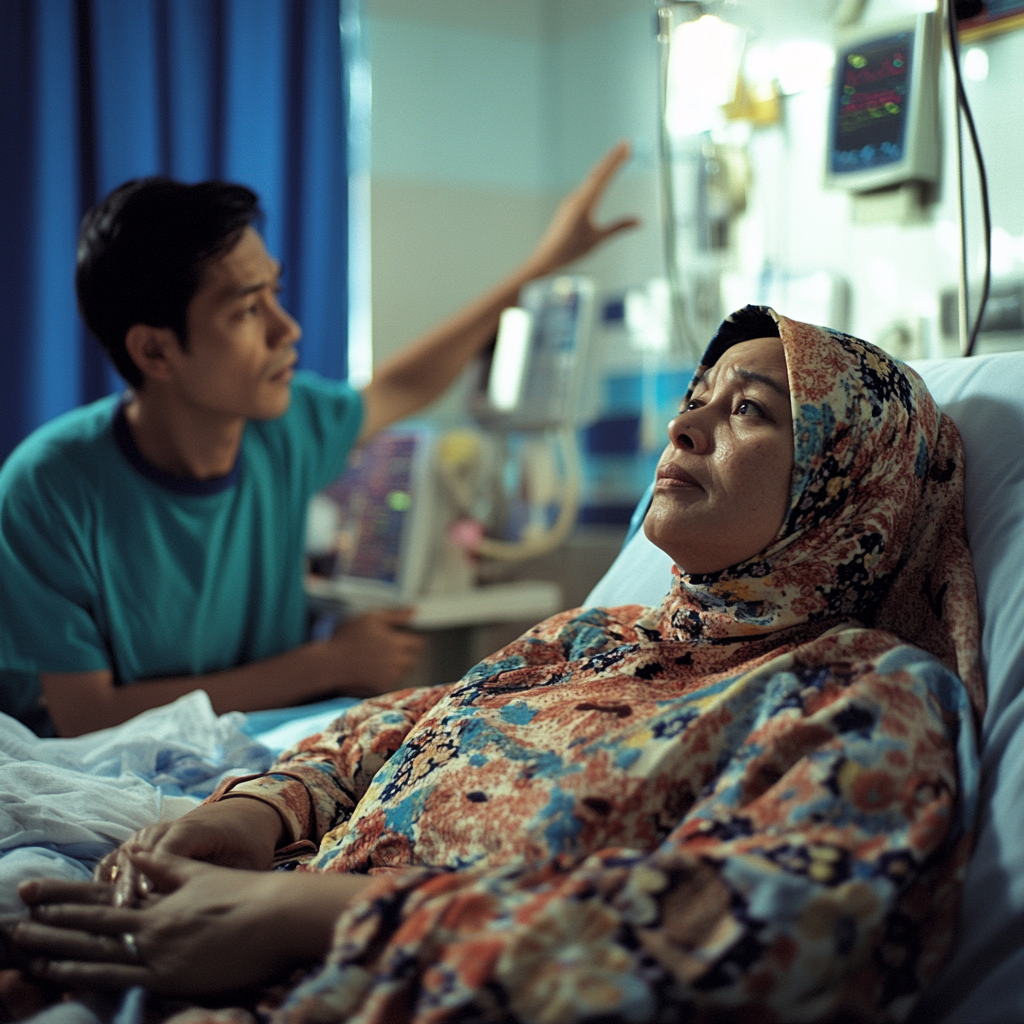 Indonesian lady lying in hospital bed reaching arm skyward.