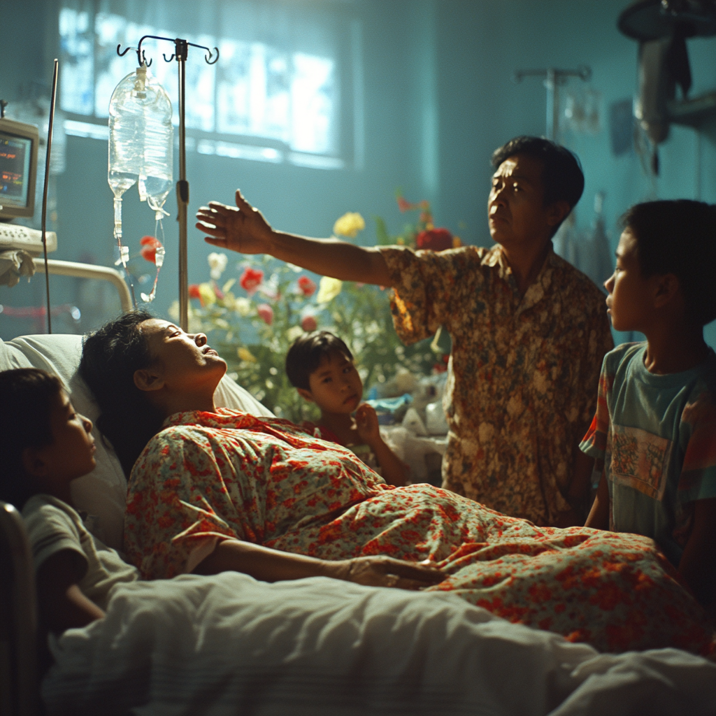 Indonesian lady on deathbed reaches out to sky.