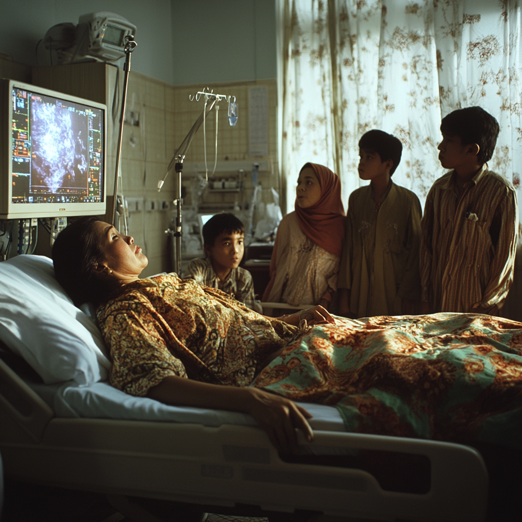 Indonesian lady on deathbed reaching out to sky.