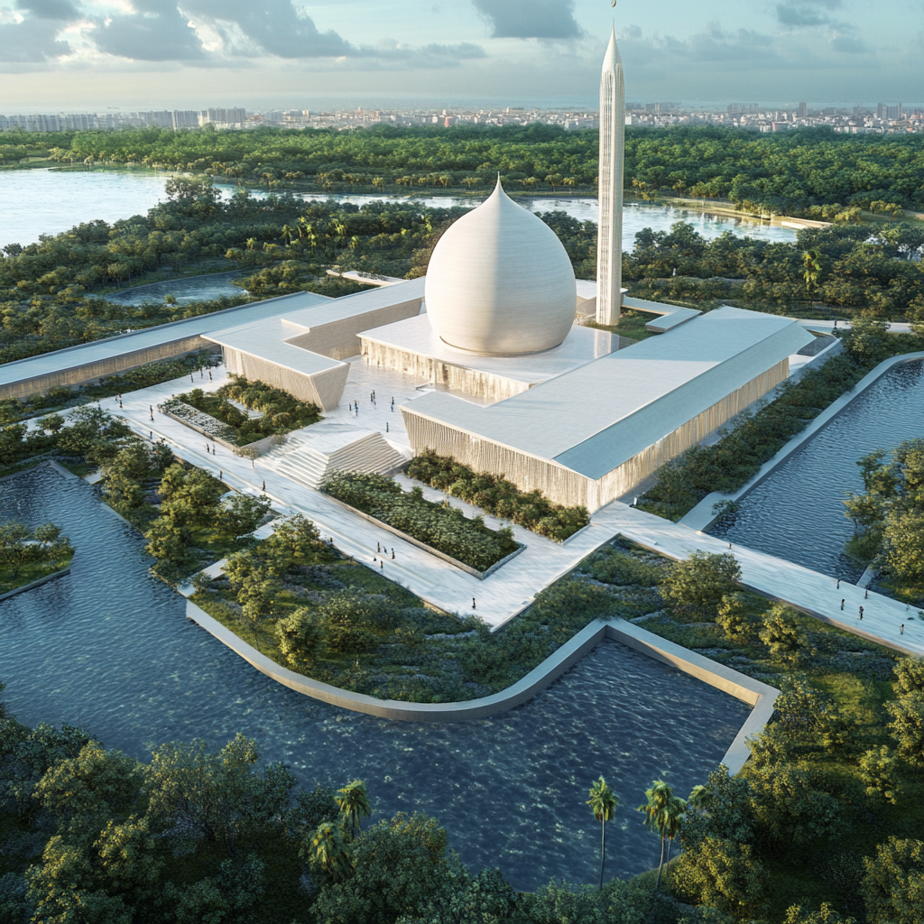 Indonesian mosque with keraton concept by the sea.