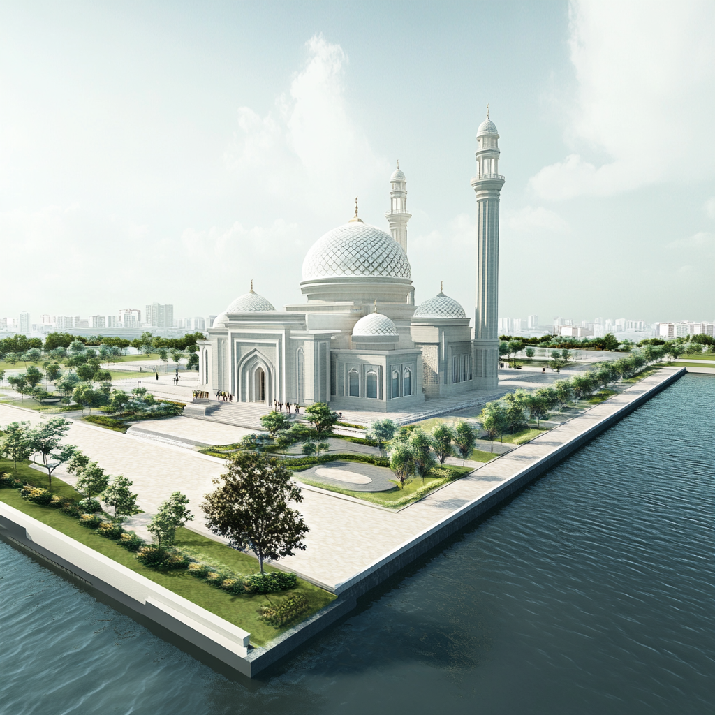 Indonesian mosque with pond and sea wave adaptation concept.