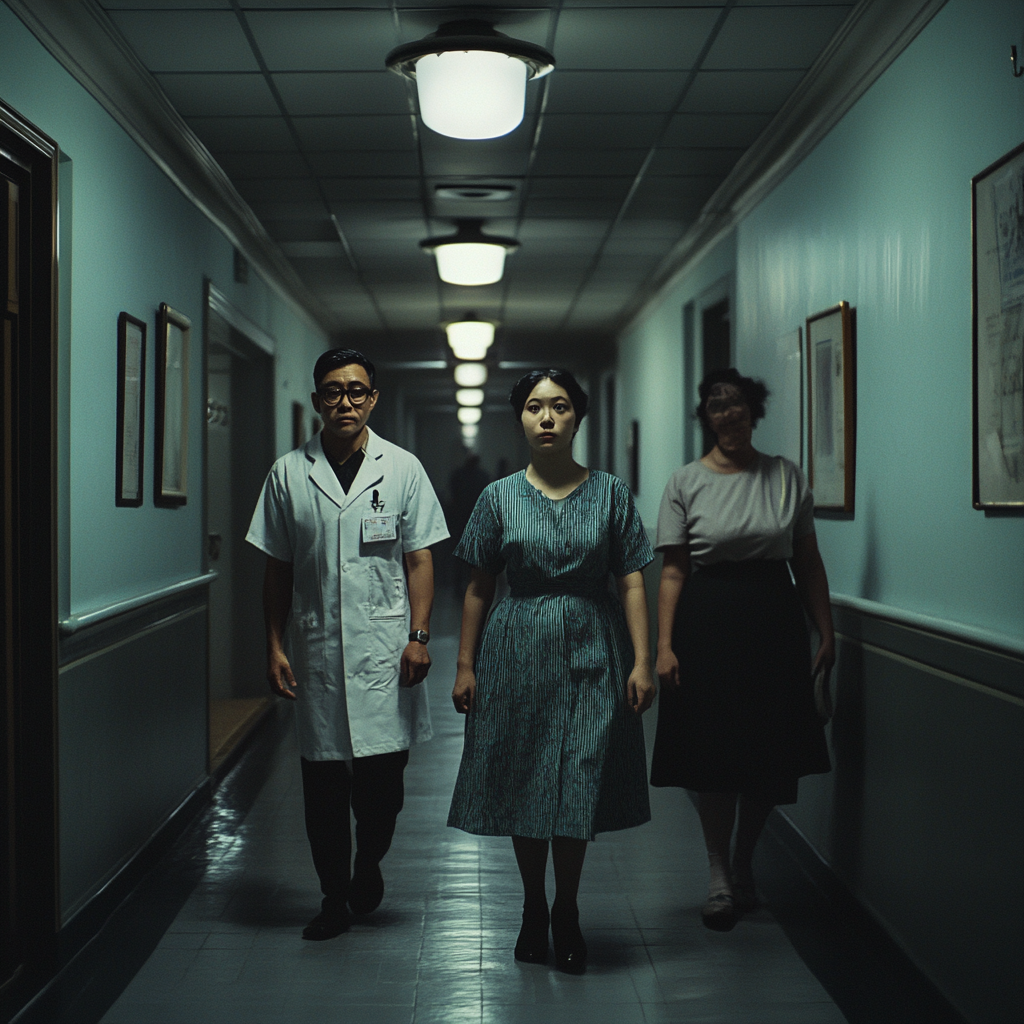 Indonesian parents walking in hospital hallway, in Harlem, 1987.