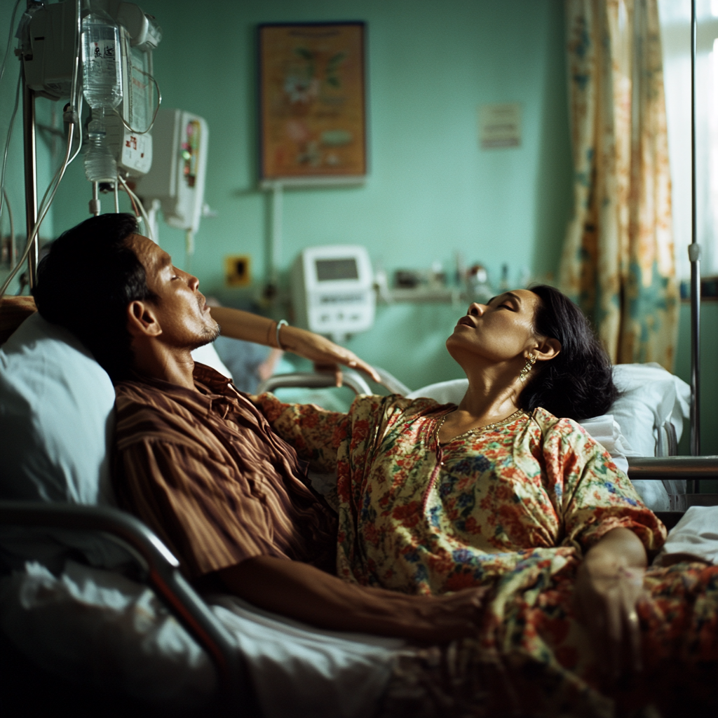 Indonesian woman reaching towards sky on deathbed with husband