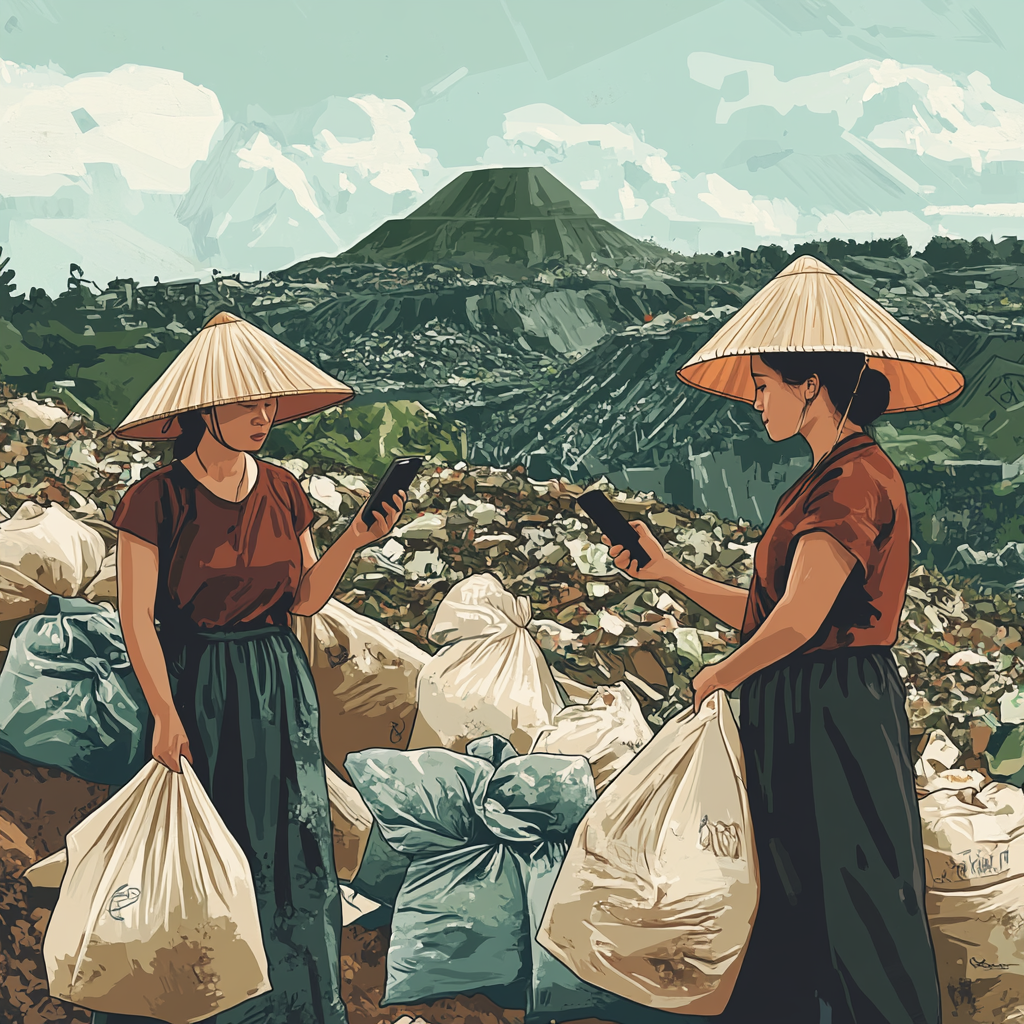 Indonesian women collect recyclables with traditional round hats.