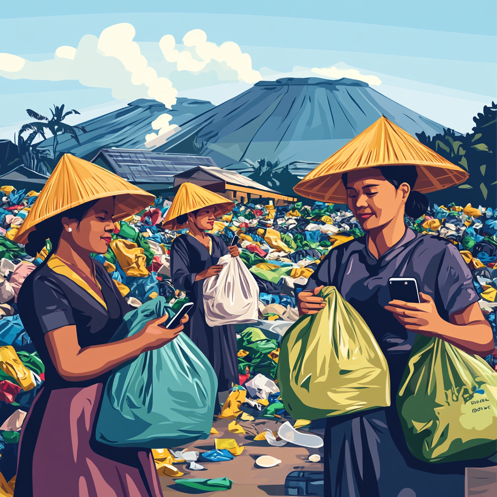 Indonesian women in hats holding bags near landfill.