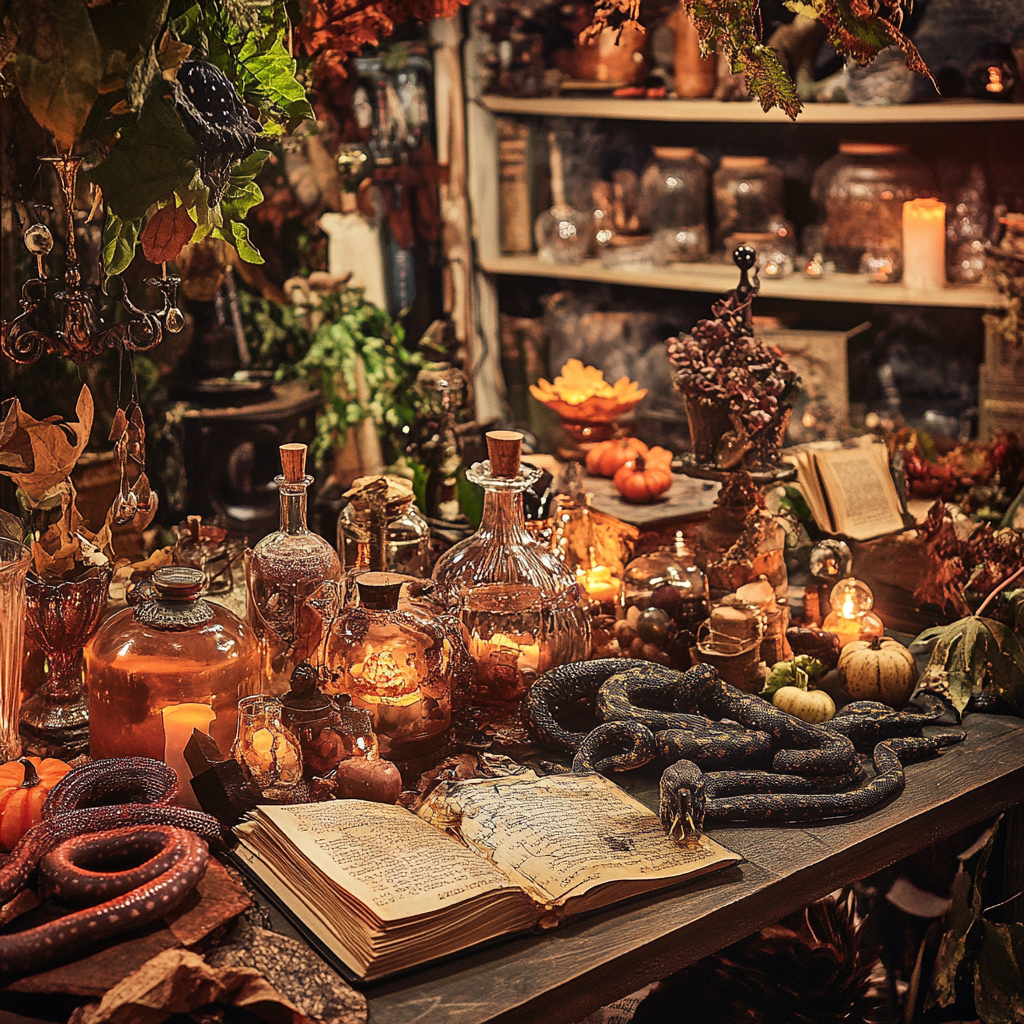 Indoor Halloween party themed as witch's lair in Salem.