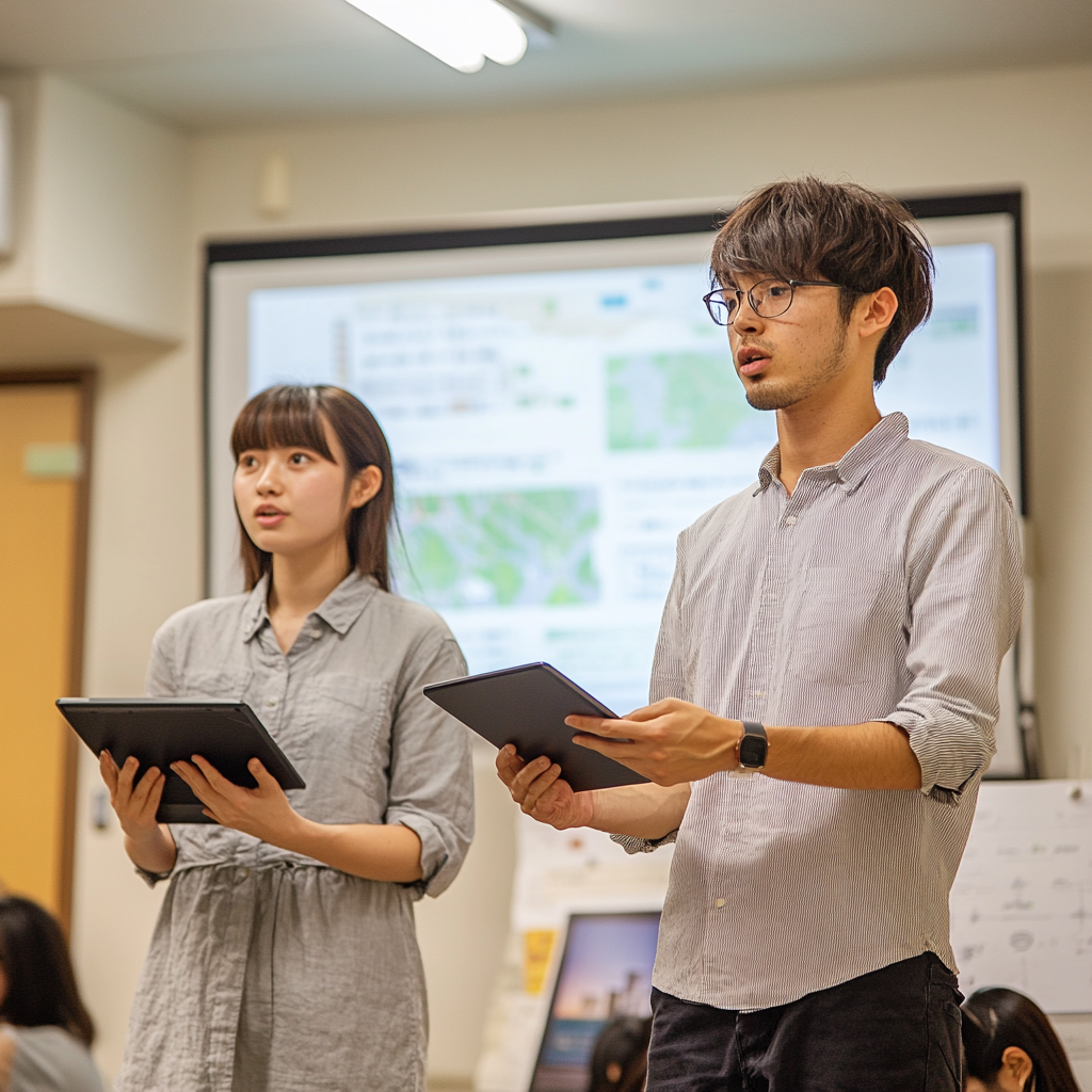 Indoor event showcasing Japan's regional revitalization with presentation.