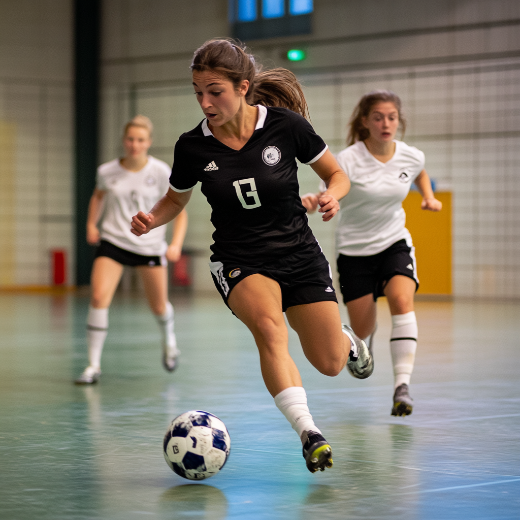 Indoor match with 30-year-old men, 2 teams, synthetic grass.