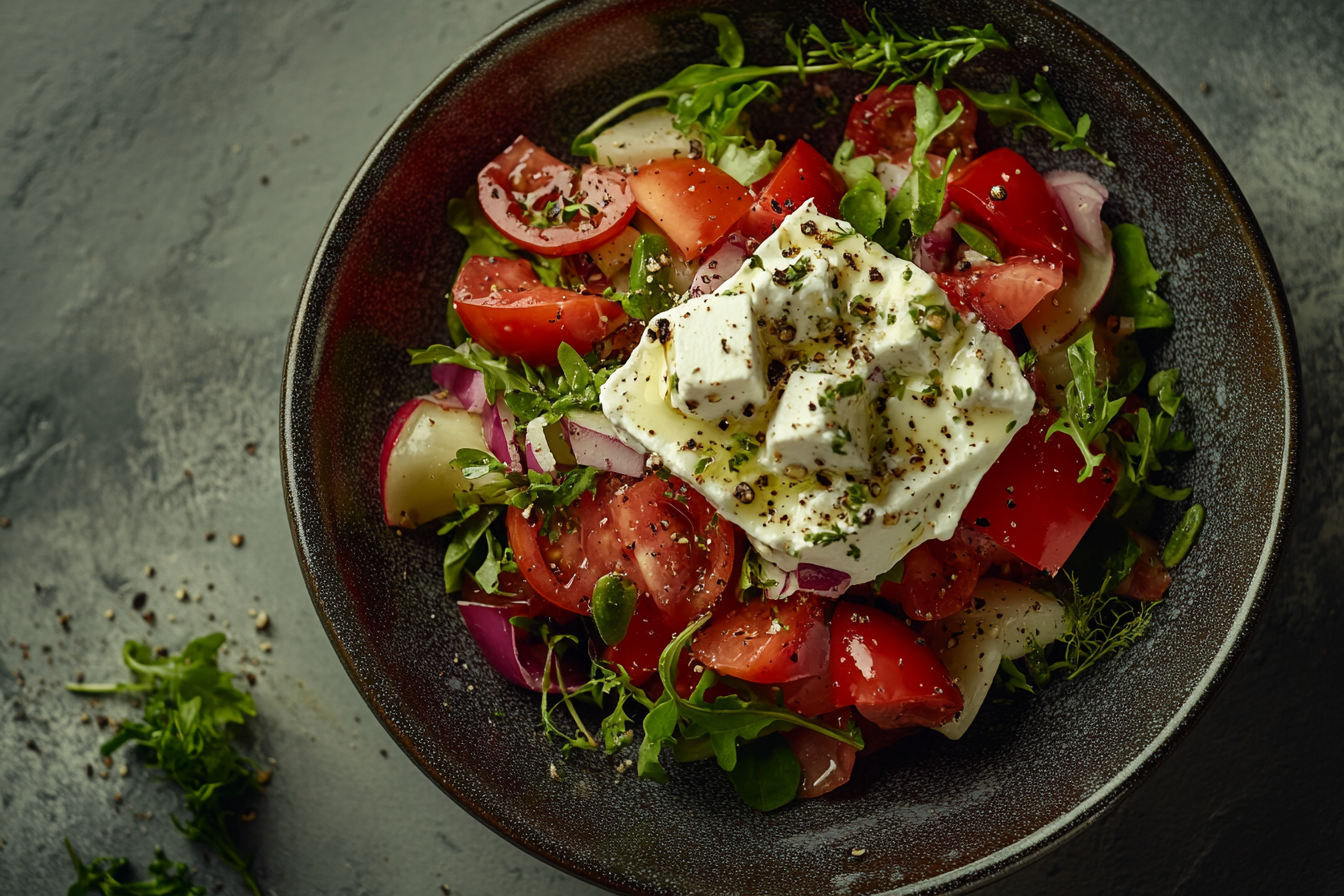 Indulgent Greek Salad in dramatic lighting from top view.