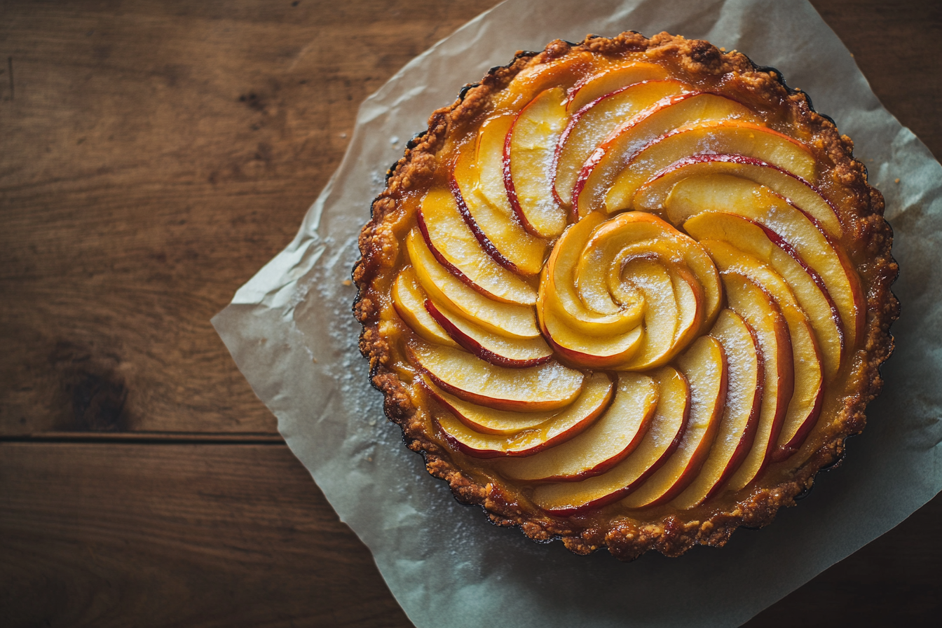 Indulgent apple tart with sliced apples and sugar swirls