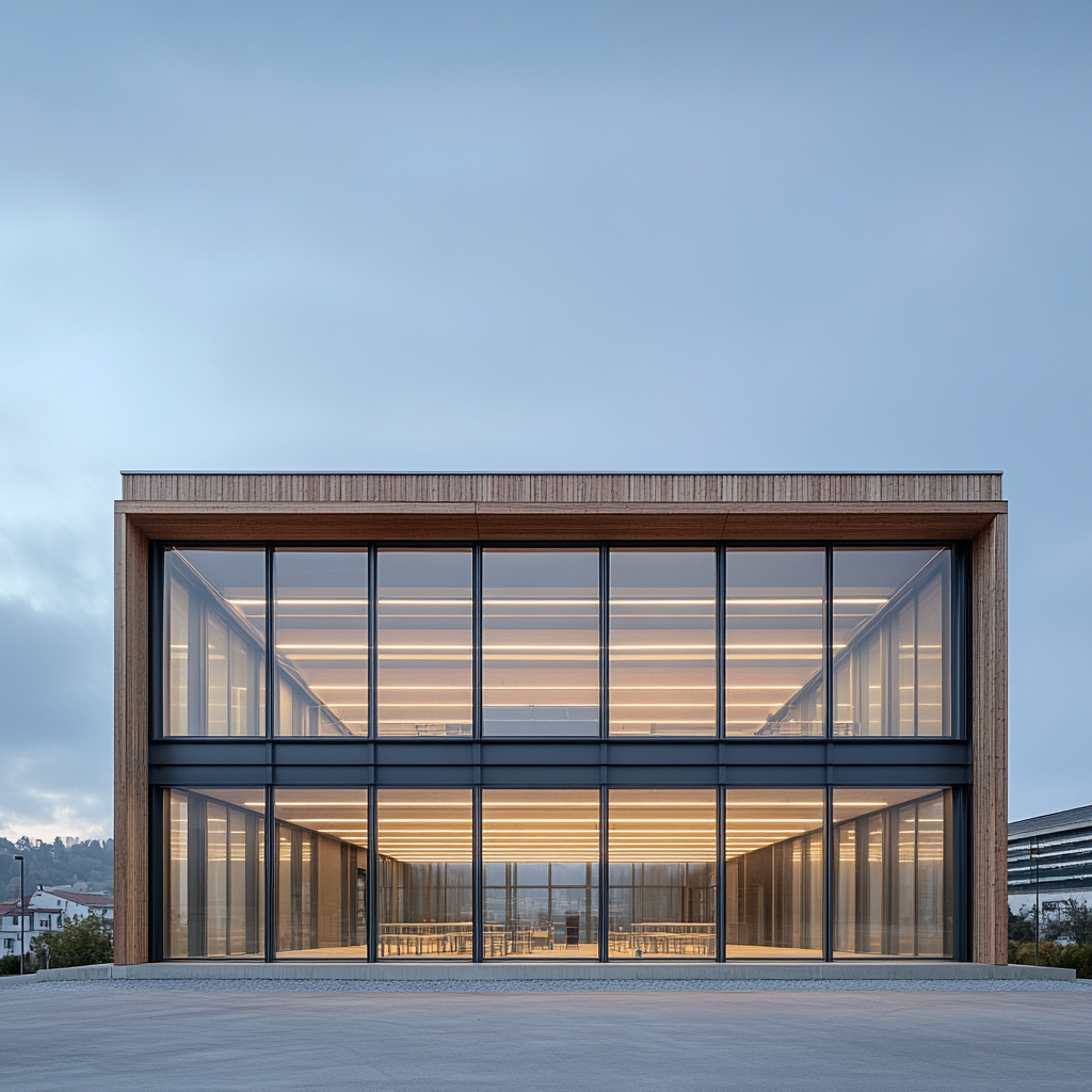 Industrial Hall Office with Wood, Glass, Aluminium Facade