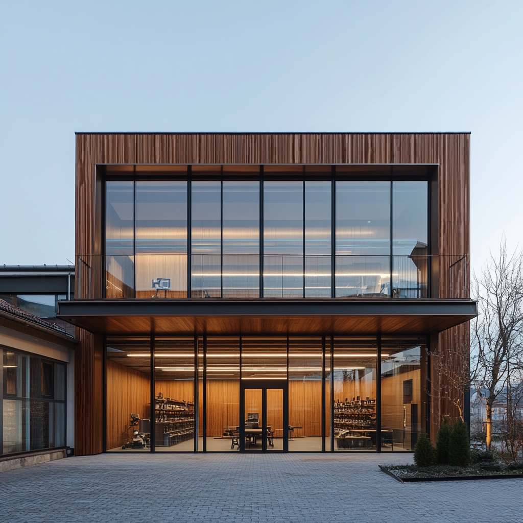 Industrial Office with Glass, Wood, and Aluminium Facade 