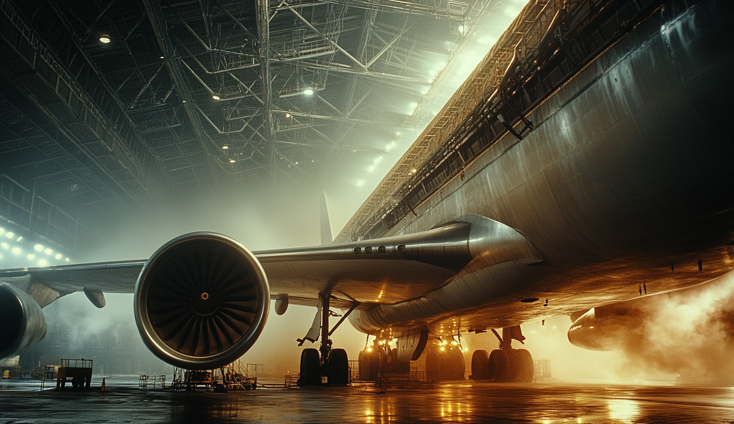 Industrial airplane turbine engine testing in cavernous hangar.