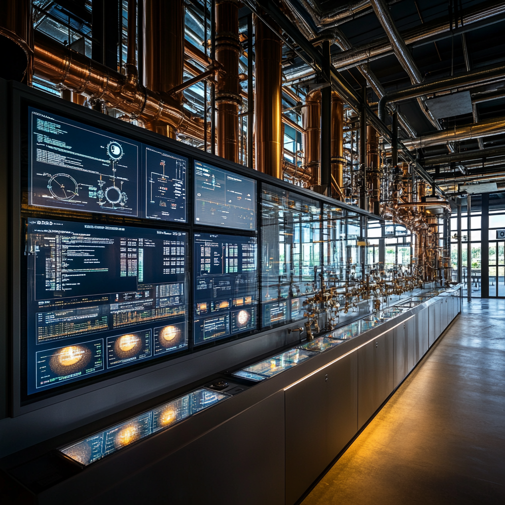 Industrial control room with data analytics and machinery