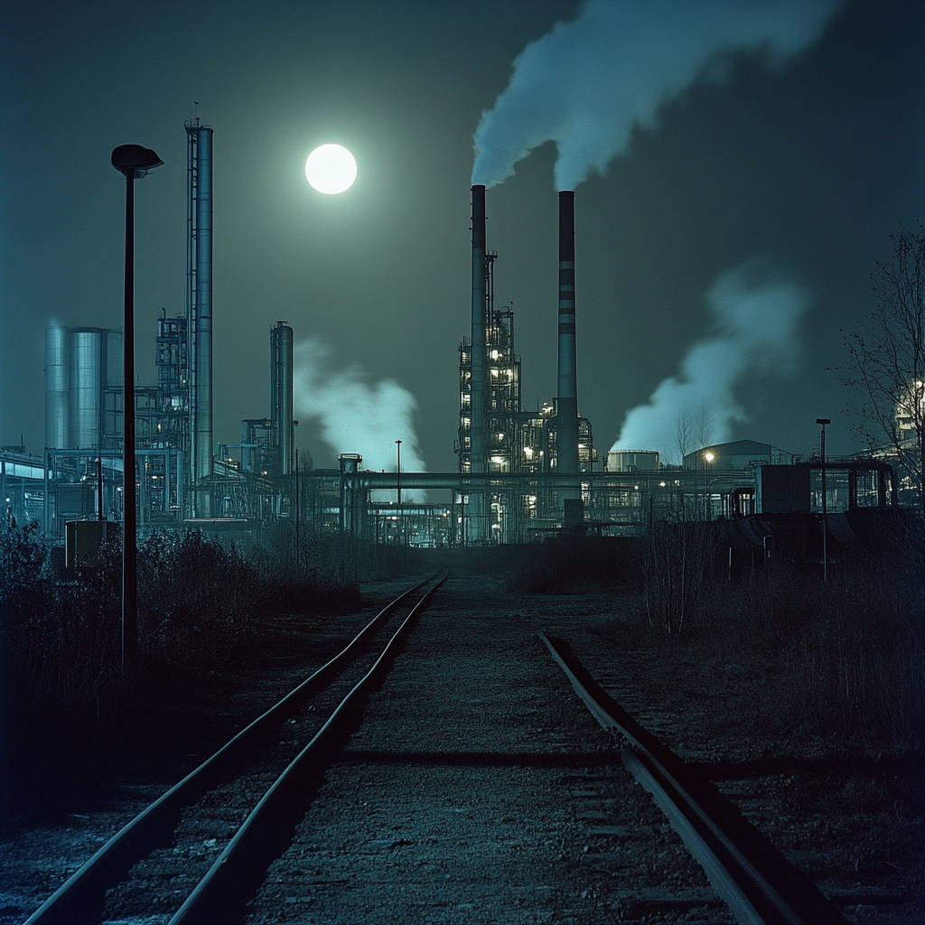 Industrial landscape at night, moon behind thick clouds. Salt, oil, diesel smell in cool breeze.