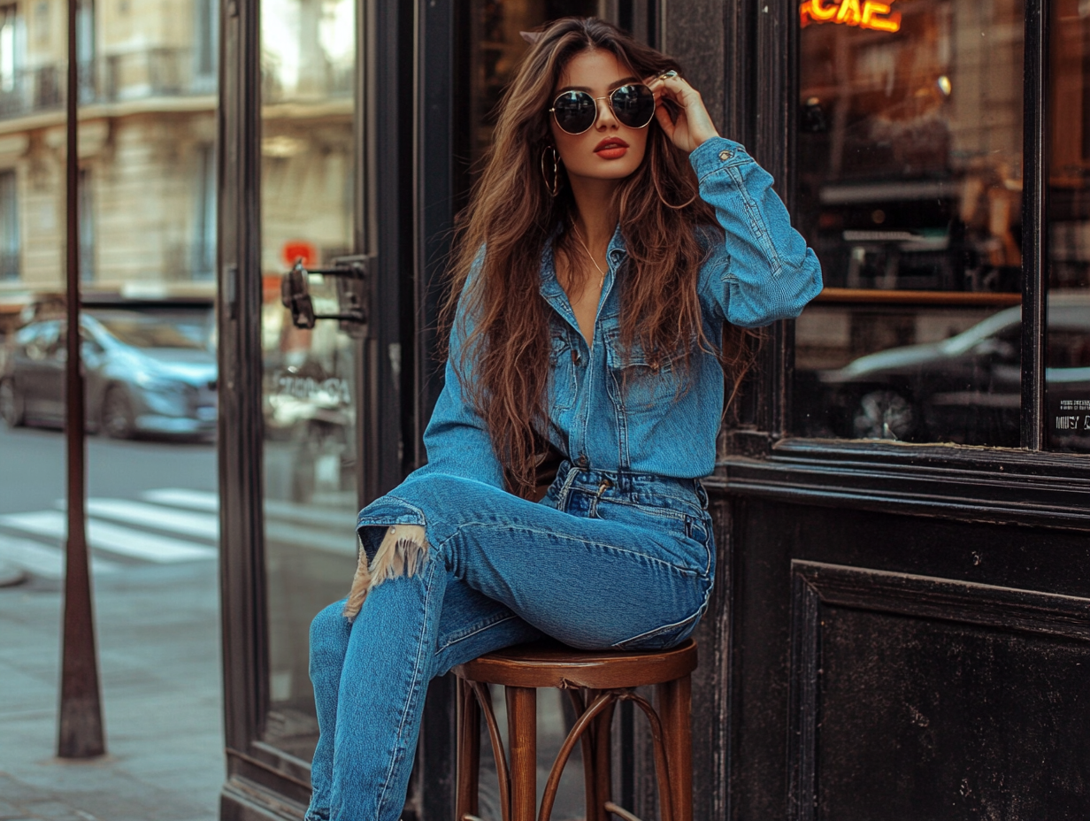 Influencer Emane Zami in Paris, denim outfit, sunglasses.