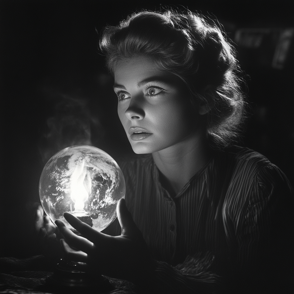 Ingrid Bergman gazes at gaslight in movie set.