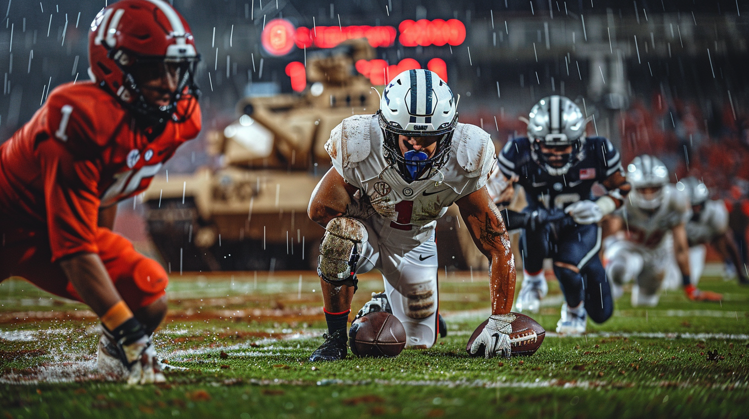 Injured NFL players on dark, rainy field with tank.