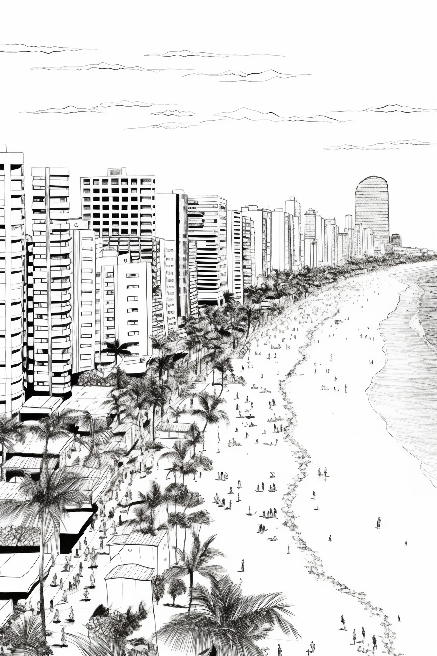 Ink drawing of Copacabana beach in Rio. Architecture.