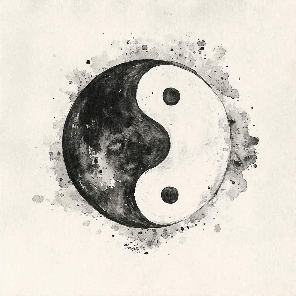 Ink wash yin-yang symbol with flowing brush strokes.