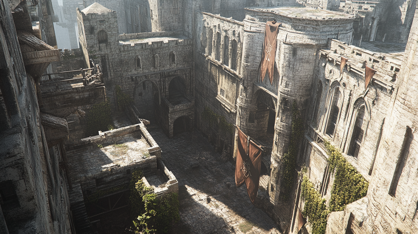 Inner courtyard of fortress with grey stone buildings.