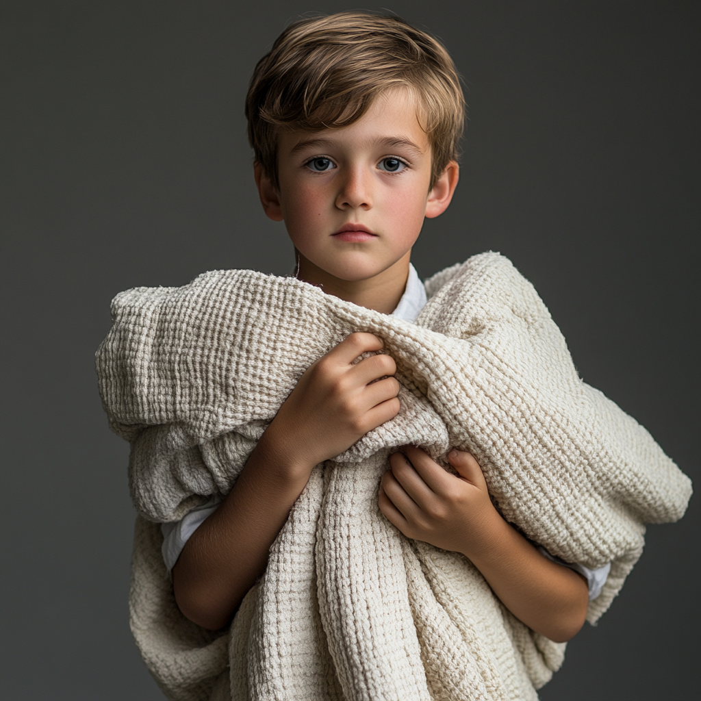 Innocent boy with blanket in a studio portrait.