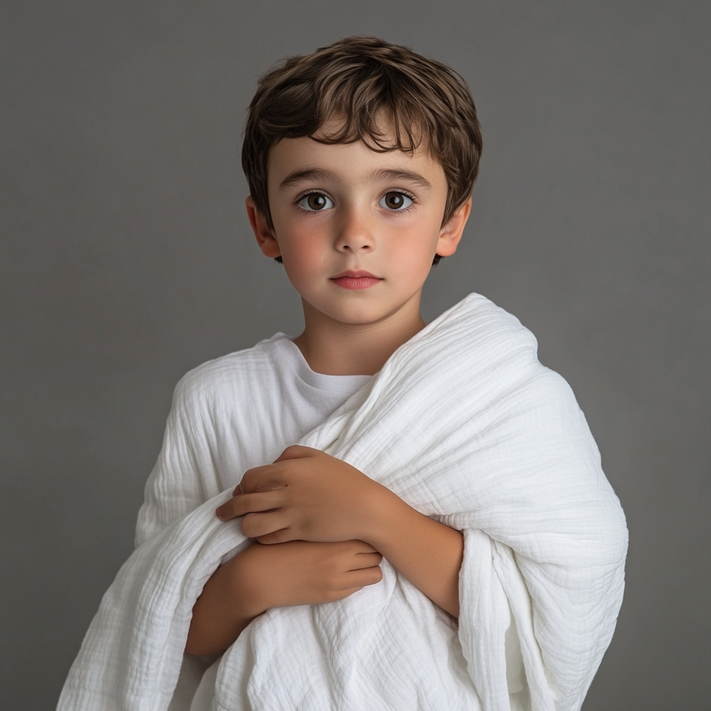 Innocent boy with white blanket in high resolution