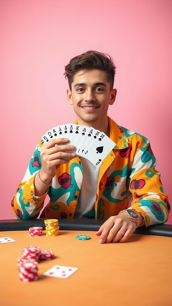 Innocent young man plays poker in trendy outfit.