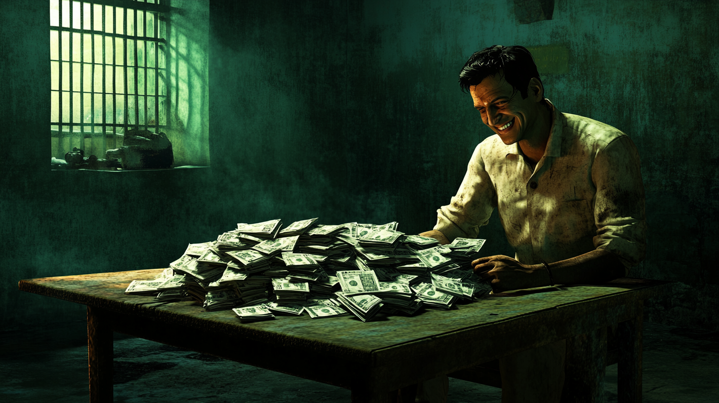 Inside a dark Indian prison, a fierce warden smiles at money piles.