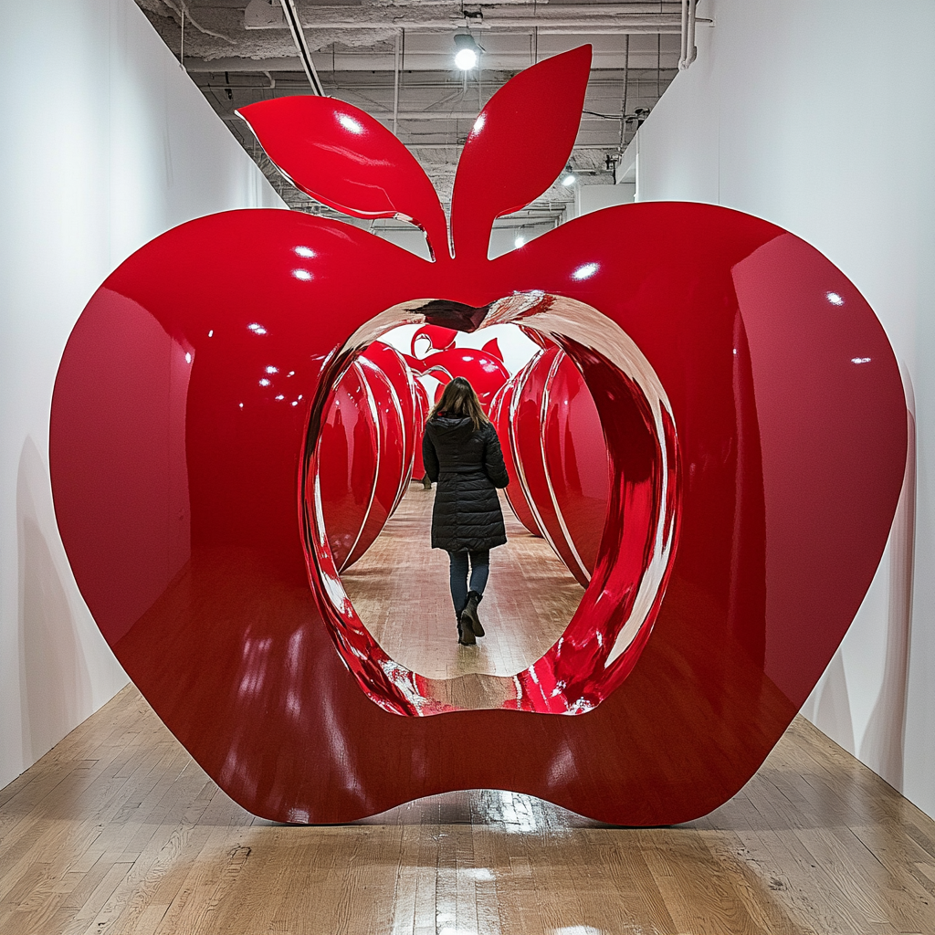 Inside a giant red apple room exploration.