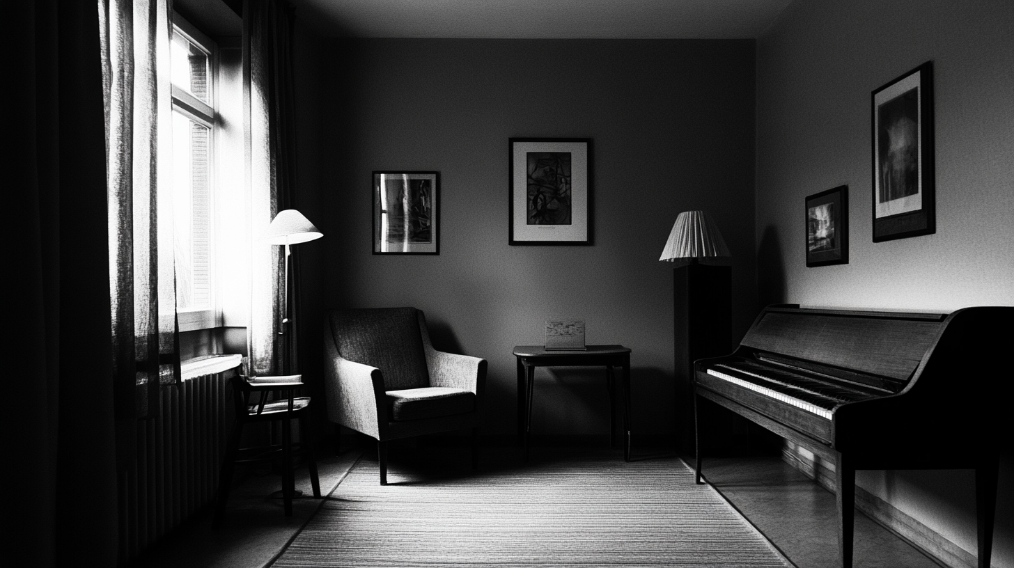 Inside a modern apartment, camera captures corner view.