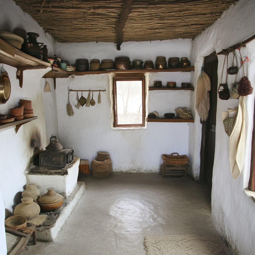 Inside a small Indian village hut, cramped space