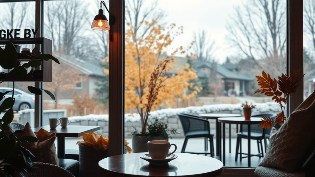 Inside and outside views of cozy fall coffee shop.