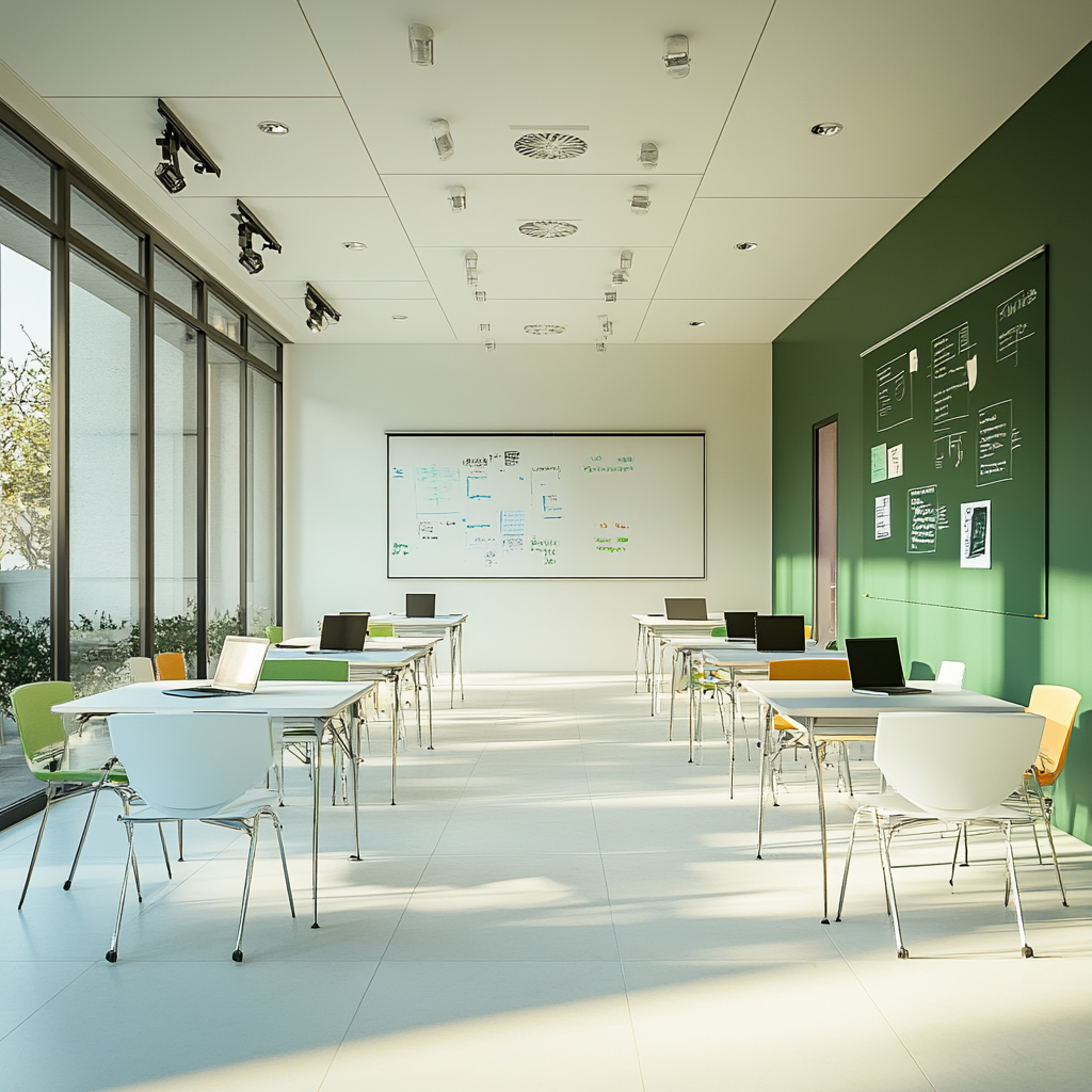 Inside modern meeting room for young people, white tones.