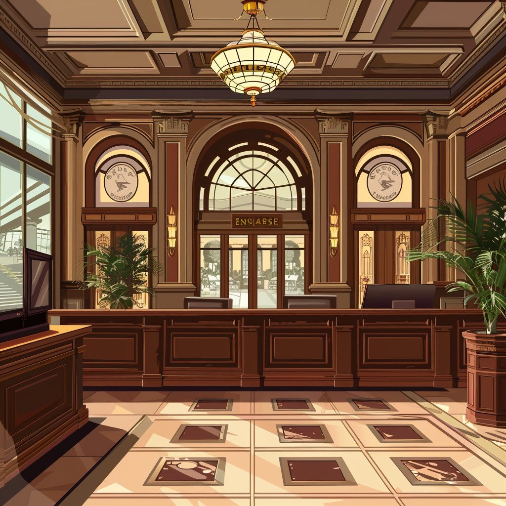 Inside the bank behind the counter in 90s cartoon style