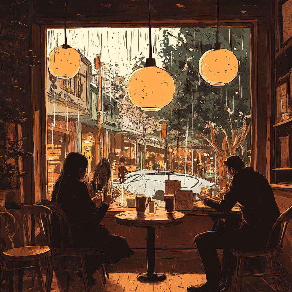 Inside the charming coffee shop on a rainy day