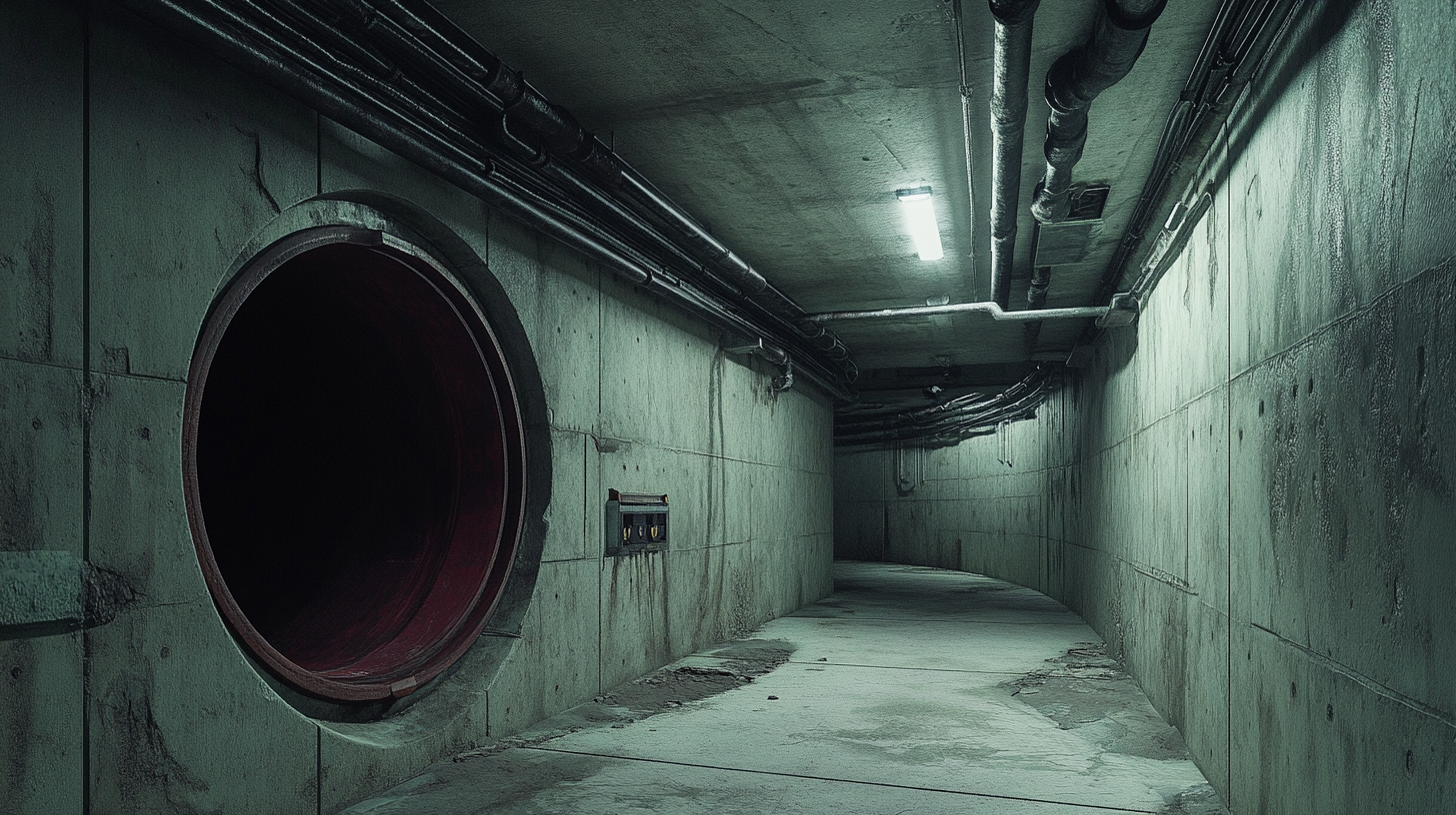 Inside underground bunker with pipes, cables, clean, empty.