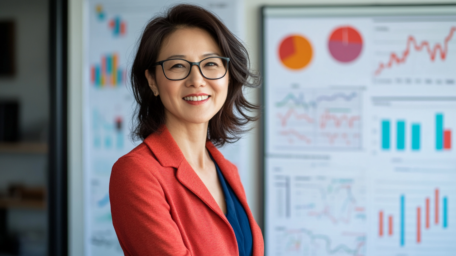 Insightful Asian businesswoman analyzing data on whiteboard. Smiling.