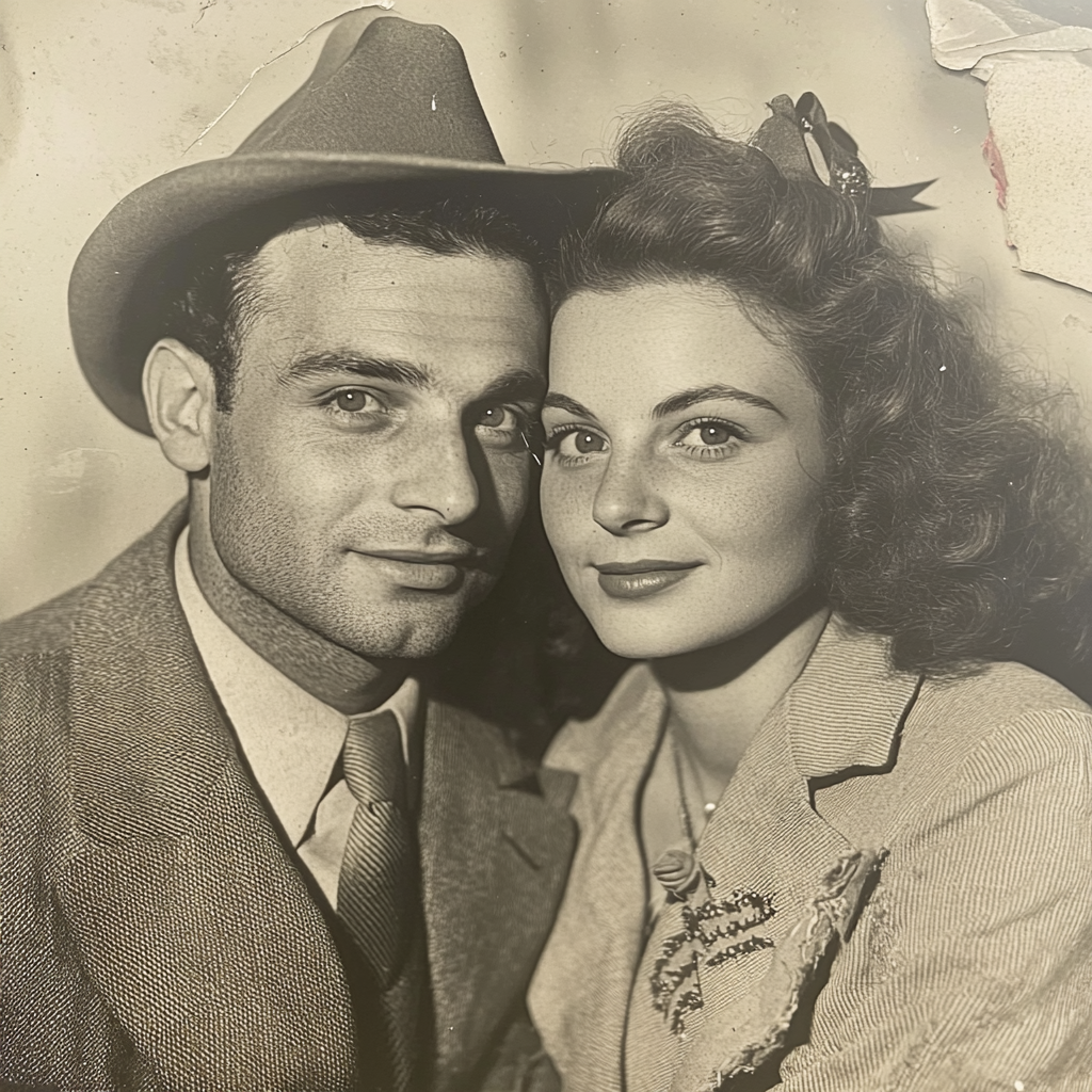 Intelligent mixed race couple in 1940s clothing pose.