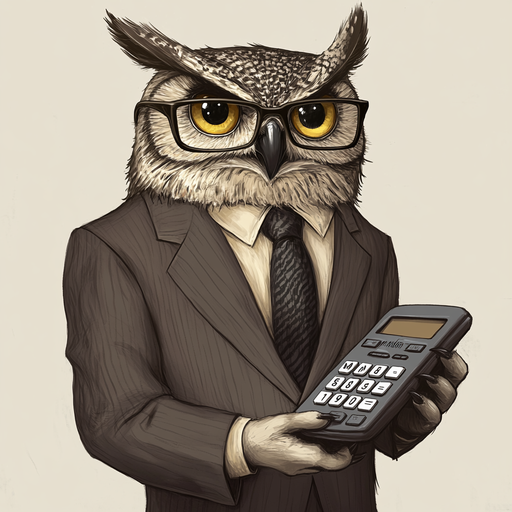 Intelligent owl in suit with calculator, symbolizing expertise.