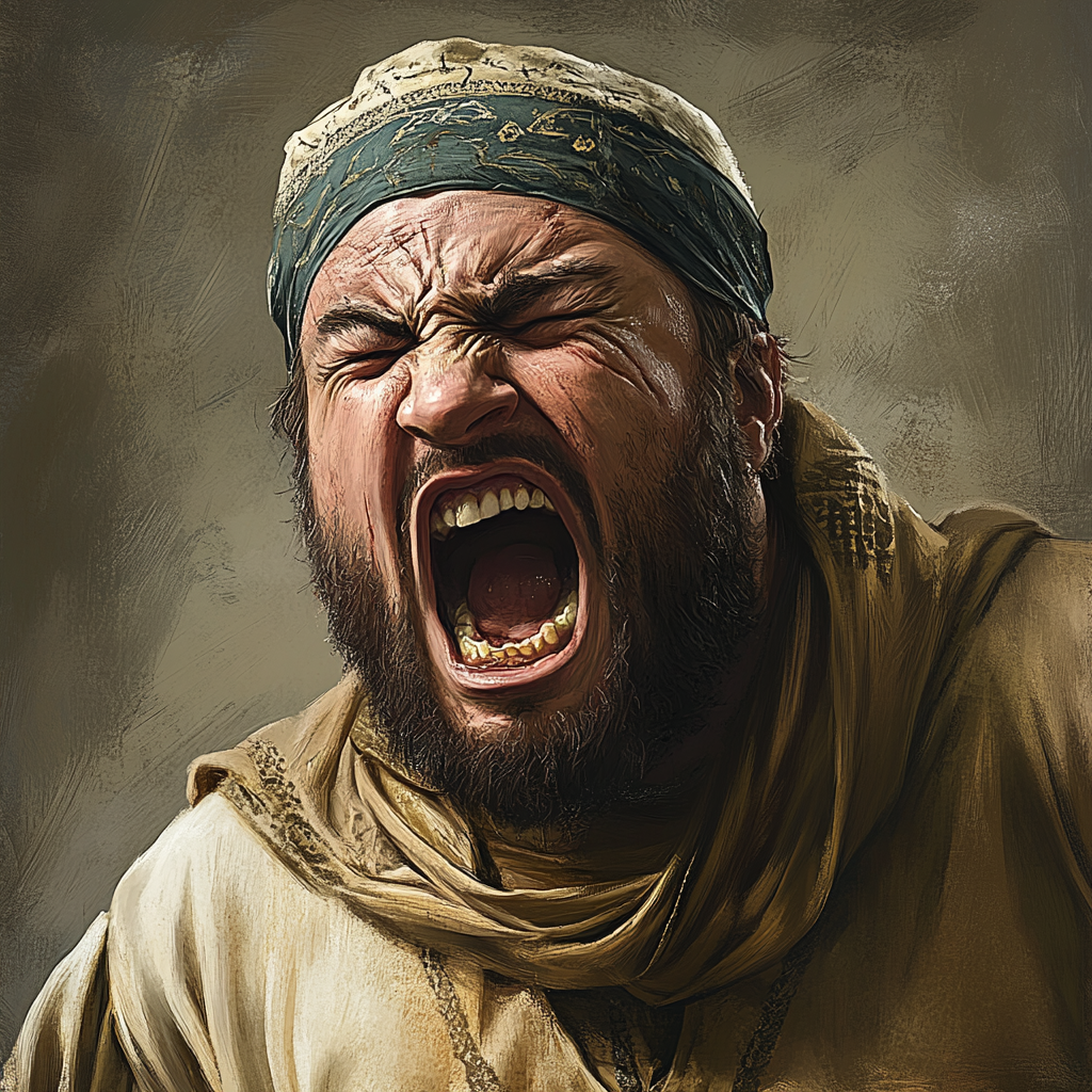 Intense Arab man in traditional attire shouting angrily.