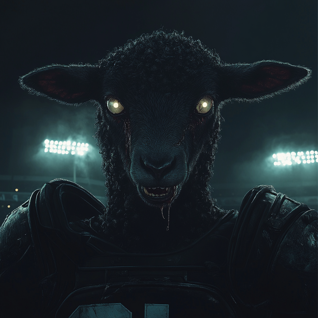 Intense Black Lamb in Football Pads Under Stadium Lights