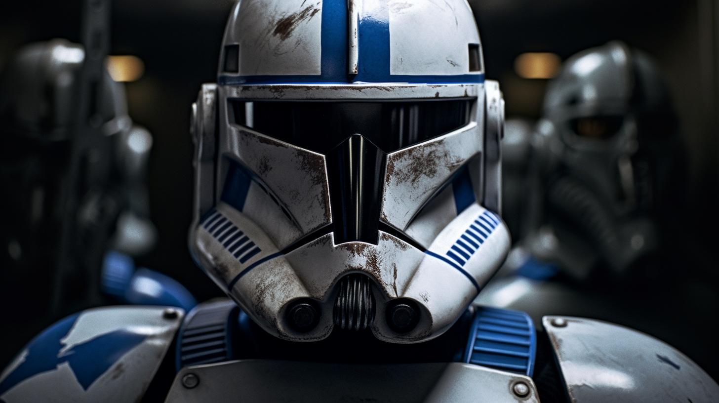 Intense Clone Trooper commands battlefield, fierce and detailed