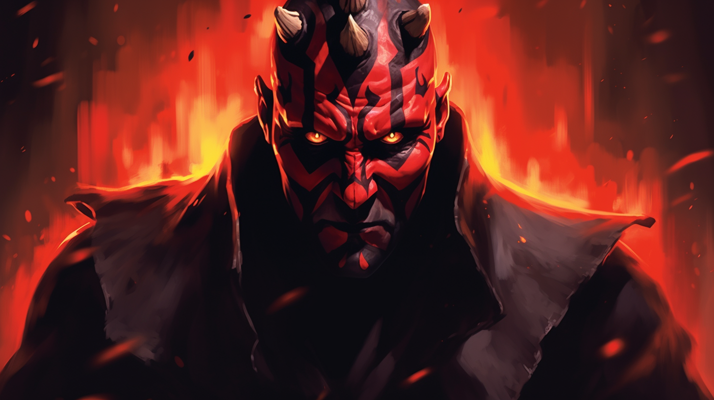 Intense Darth Maul portrait with double red lightsaber