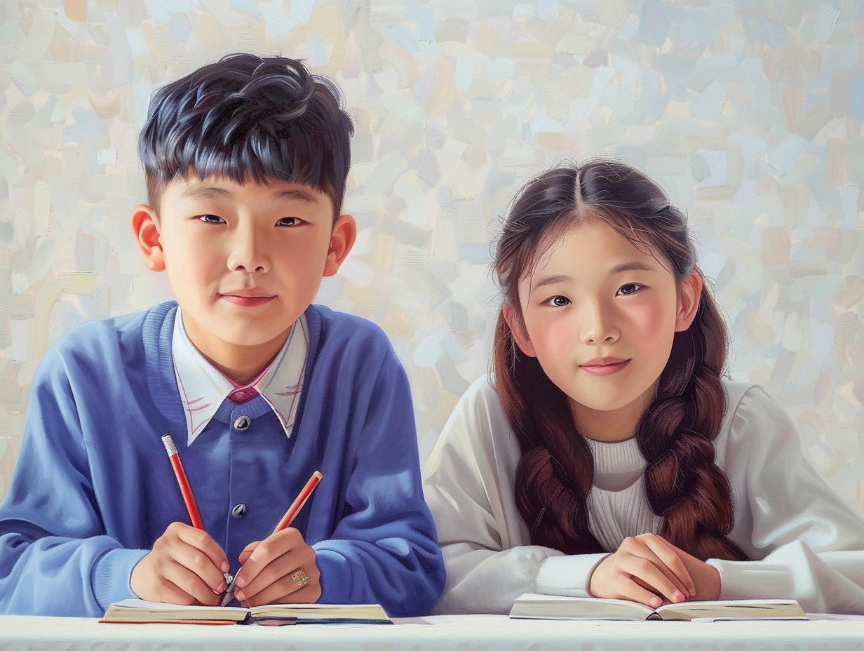 Intense Korean middle school students studying English together art